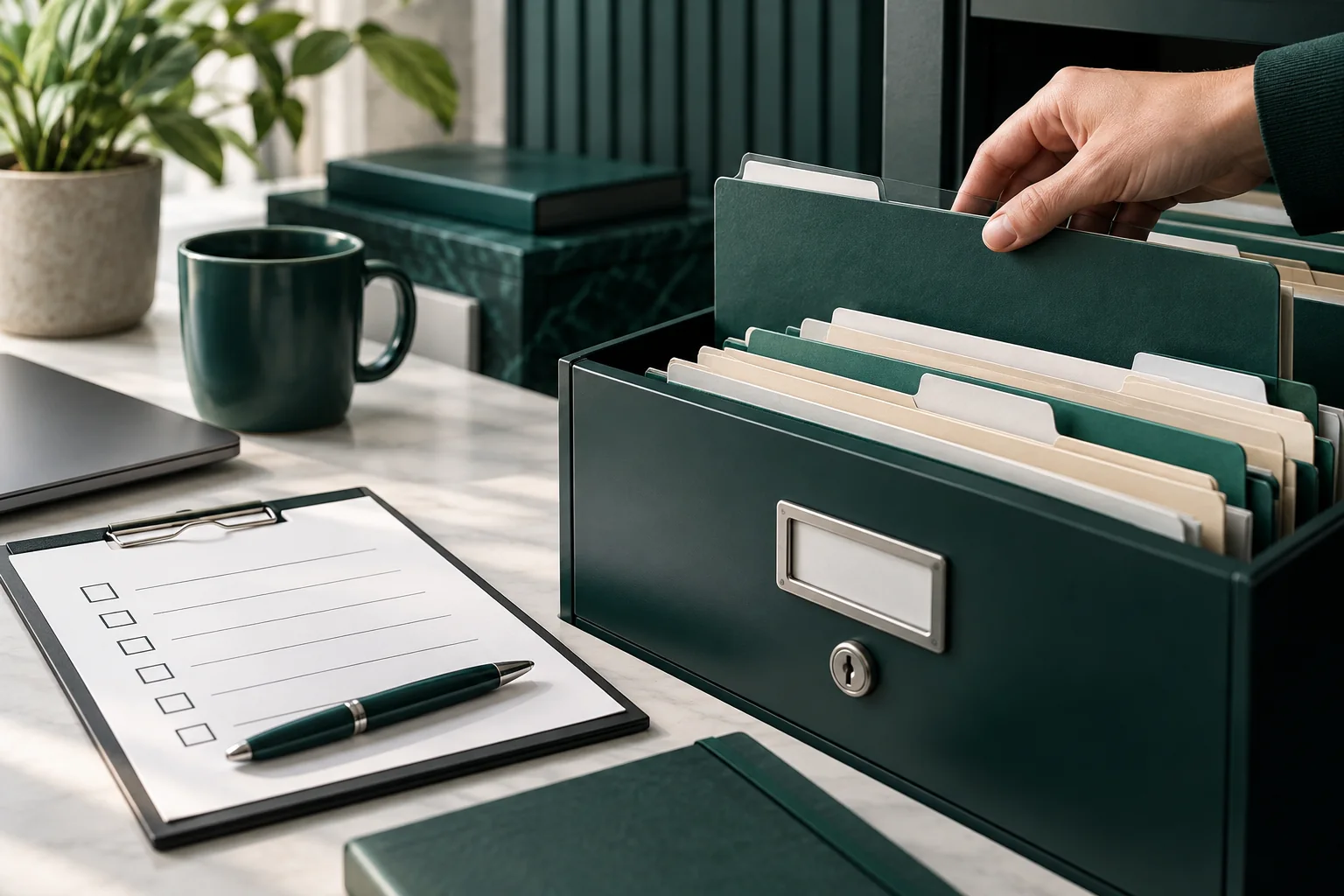 Dossiers classés et liste de contrôle sur un bureau.