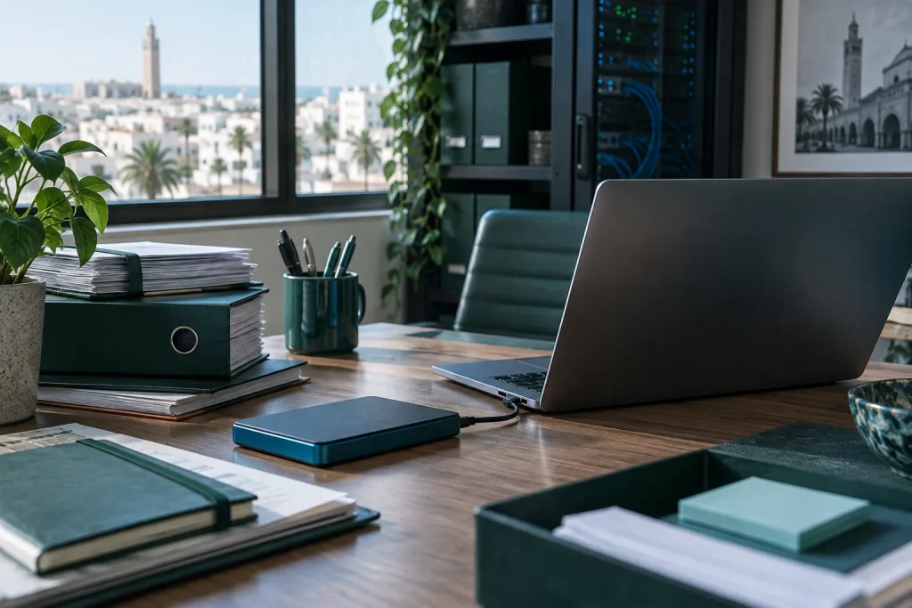 Cloud et sauvegarde Disque externe connecté à un ordinateur de bureau.