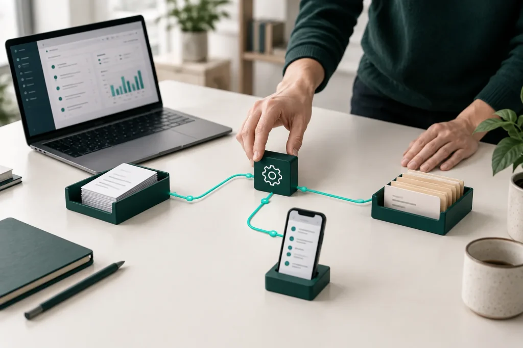 Outils et documents reliés dans une mise en scène de l’automatisation.