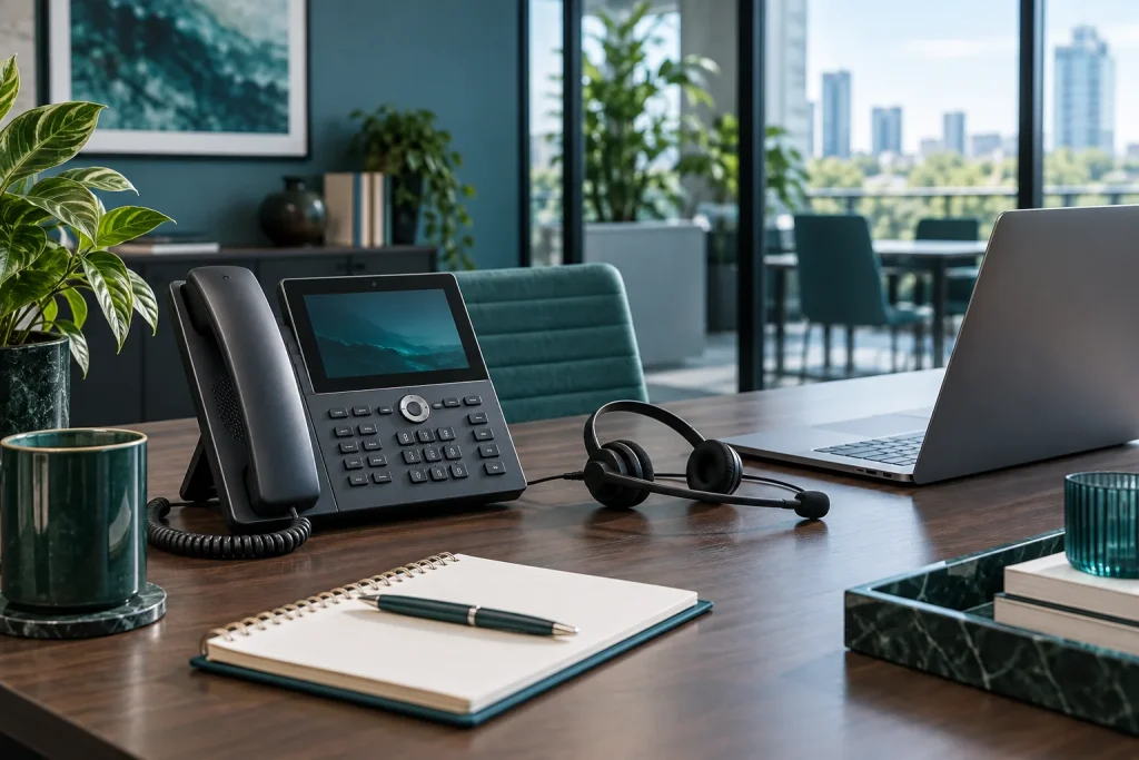 Téléphone professionnel IP et casque sur un bureau.