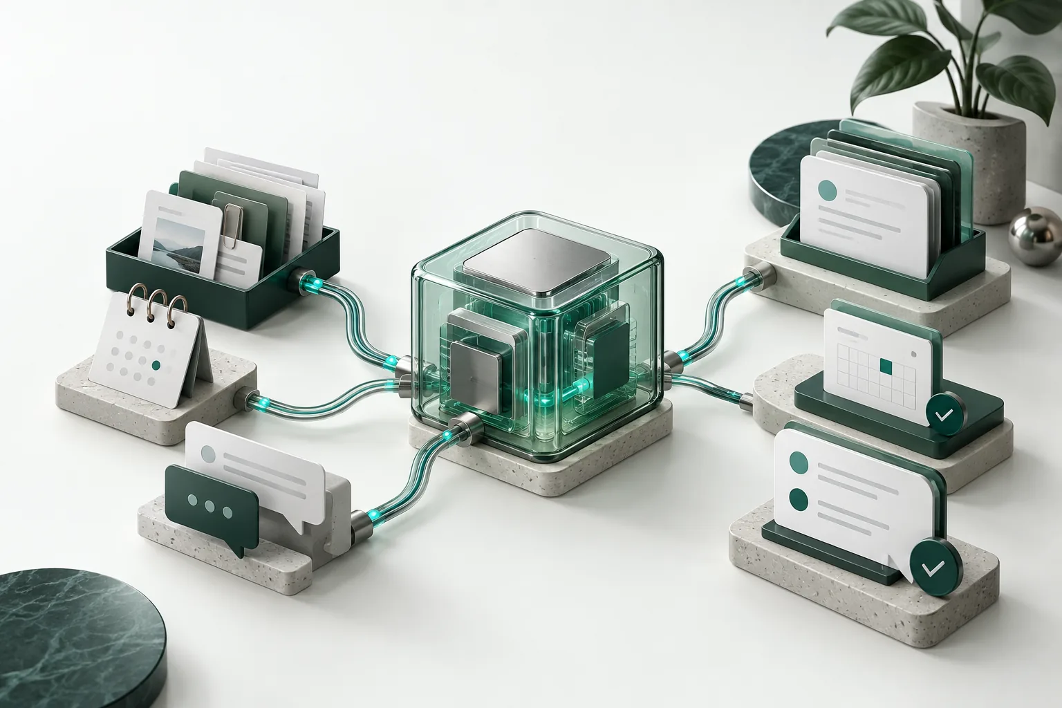 Module central reliant documents, calendrier et conversations — illustration